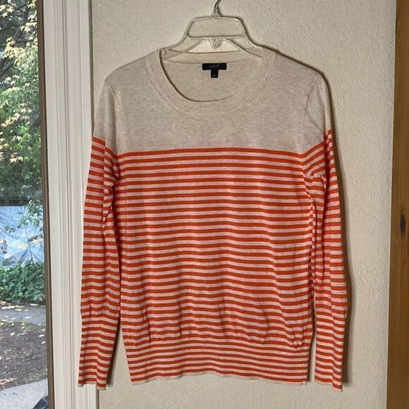 J Crew Lightweight Orange/Oatmeal Stripe 100% Cotton Pullover Sweater Size XS - Picture 1 of 7